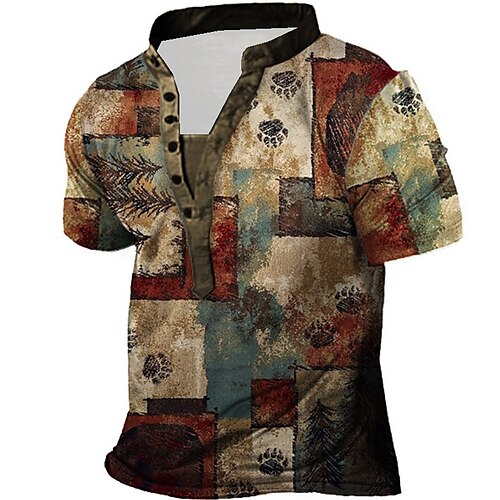 

Men's Henley Shirt Tee T shirt Tee 3D Print Graphic Patterned Geometry Paw Plus Size Stand Collar Daily Sports Button-Down Print Short Sleeve Tops Designer Basic Casual Big and Tall Brown / Summer