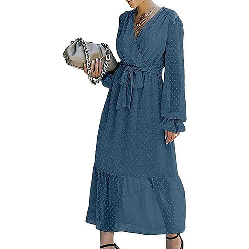 

Women's A Line Dress Midi Dress Light Blue Navy green Black Blue Orange Long Sleeve Polka Dot Ruffle Jacquard Fall Spring V Neck Stylish Mature 2022 S M L XL