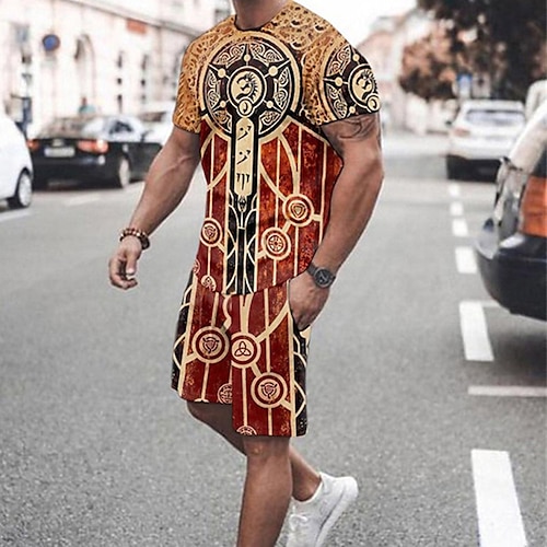 

Men's T-shirt Suits Tennis Shirt Graphic Tribal Crew Neck Black / White Red Brown White Black 3D Print Street Daily Short Sleeve Print Clothing Apparel 2pcs Basic Fashion Lightweight Casual / Summer