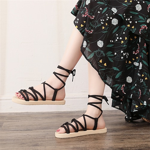 

Women's Sandals Lace Up Sandals Strappy Sandals Flat Heel Open Toe Casual Minimalism Daily EVA(ethylene-vinyl acetate copolymer) Lace-up Spring Summer Solid Colored Black