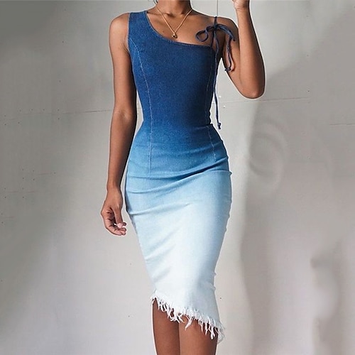 

Mujer Corte Bodycon Vestido tubo Vestido de mezclilla Vestido Midi Azul Piscina Sin Mangas Gradiente de Color Estampado Primavera Verano Un Hombro Moda Delgado 2023 S M L XL