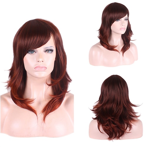 

High Simulation Maroon Red Side Parting Medium and Long Curly Hair Ladies
