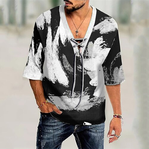 

Men's T shirt Tee 3D Print Graphic Patterned V Neck Street Daily Drawstring 3D Half Sleeve Tops Casual Fashion Comfortable Black / White / Beach