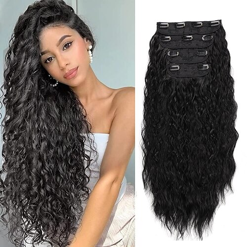 

Synthetic Clip In Curly Hair Extensions 4piece 11 Clips On Corn Wave Long Wavy Heat Resistant Black Blue