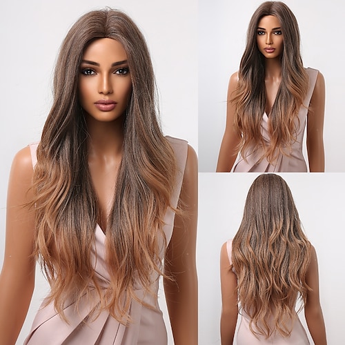 

HAIRCUBE Ombre Blonde Brown Long Wavy Middle Part Wig for Women Natural Synthetic Wigs Daily