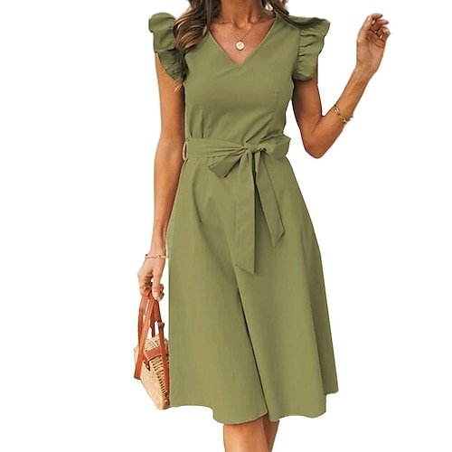 

Women's A Line Dress Midi Dress Green Dark Blue Beige Short Sleeve Pure Color Lace up Ruffle Spring Summer V Neck Casual Modern 2022 S M L XL XXL