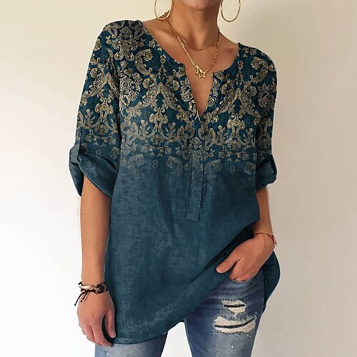 

Women's Blouse Floral Daily Weekend Floral Blouse Shirt Long Sleeve Pocket Button Print V Neck Casual Streetwear Navy Blue S / 3D Print