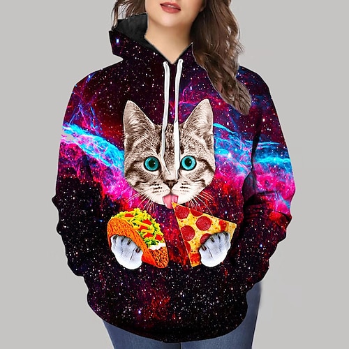 

Women's Plus Size Tops Hoodie Sweatshirt Cat Animal Print Long Sleeve Hooded Streetwear Daily Vacation Polyester Fall Winter Rainbow