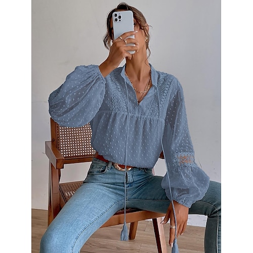 

Women's Shirt Polka Dot Casual Work Shirt Long Sleeve Lace V Neck Basic Casual Lantern Sleeve White Black Blue S