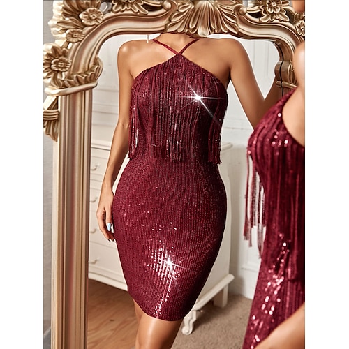 

Mermaid / Trumpet Cocktail Dresses Vintage Dress Wedding Party Short / Mini Sleeveless Halter Neck Sequined Backless with Tassel Slit 2022 / Sparkle & Shine