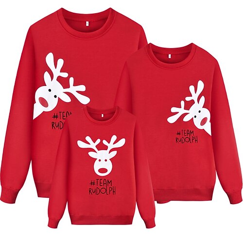 

Family Look Christmas Sweatshirt Deer Daily Print Red Long Sleeve Active Matching Outfits