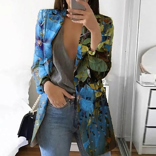 

Women's Blazer Office Street Work Spring Fall Regular Coat Regular Fit Breathable Stylish Formal Style Modern Style Jacket Long Sleeve Floral with Pockets Print Green Blue Yellow