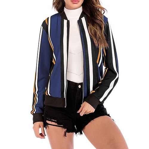 

Women's Bomber Jacket Varsity Jacket Outdoor Street Daily Spring Fall Regular Coat Stand Collar Regular Fit Breathable Sporty Casual Jacket Long Sleeve Striped Pocket Print Green Wine Royal Blue