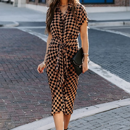 

Women's Casual Dress Shirt Dress Sheath Dress Long Dress Maxi Dress Brown Short Sleeve Plaid Ruched Spring Summer Shirt Collar Weekend 2022 S M L XL