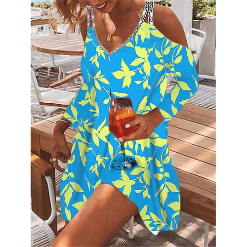 

Women's A Line Dress Short Mini Dress Blue Fuchsia Royal Blue 3/4 Length Sleeve Floral Sequins Cold Shoulder Print Fall Spring Spaghetti Strap Casual Fashion 2022 S M L XL XXL 3XL