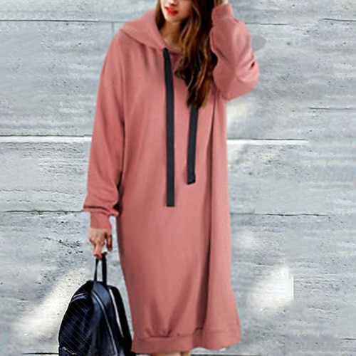 

Women's Shift Dress Knee Length Dress Black Gray Pink Long Sleeve Solid Color Split Fall Winter Hooded Stylish Casual 2022 S M L XL