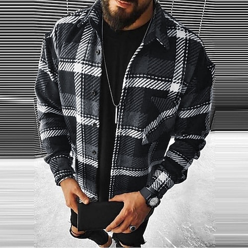 

Men's Flannel Shirt Shirt Jacket Shacket Plaid / Check Lattice Turndown Black Outdoor Street Clothing Apparel Fashion Casual Comfortable / Long Sleeve / Long Sleeve