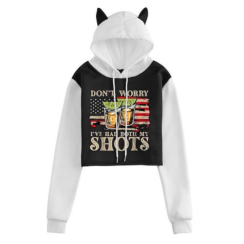 

Women's Cropped Hoodie Oktoberfest Beer Beer American Flag Cat Ear Print Daily Sports Hot Stamping Active Streetwear Hoodies Sweatshirts Black And White White Black