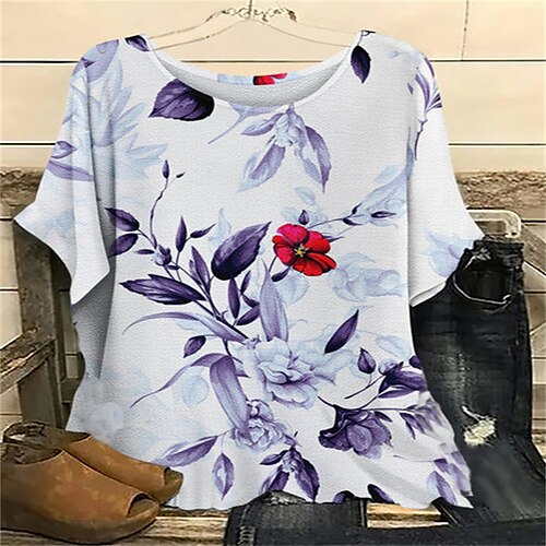 

Women's Shirt White Floral Short Sleeve Round Neck S