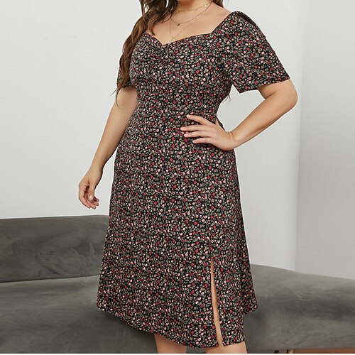 

Women's Plus Size Casual Dress Floral Square Neck Split Short Sleeve Spring Summer Casual Midi Dress Daily Holiday Dress / Print