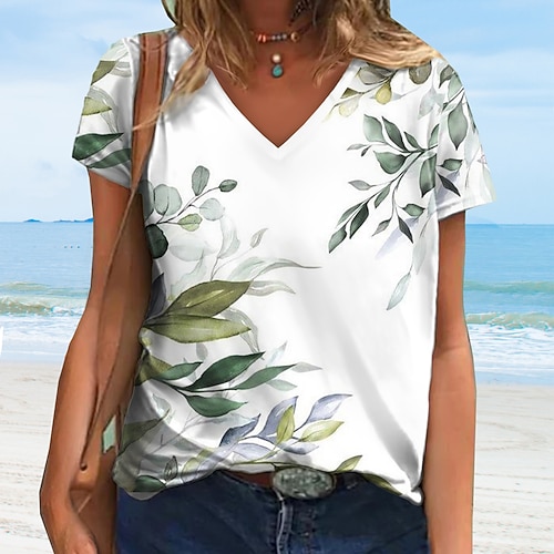 

Mulheres Camiseta Branco Folha Imprimir Manga Curta Casual Feriado Básico Decote V Padrão Tema Flores Pintura S