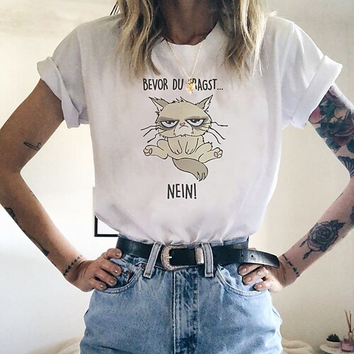 

Women's T shirt Tee Pink Light Green Fuchsia Cat Text Print Short Sleeve Casual Weekend Basic Round Neck Regular Cotton Cat Painting S