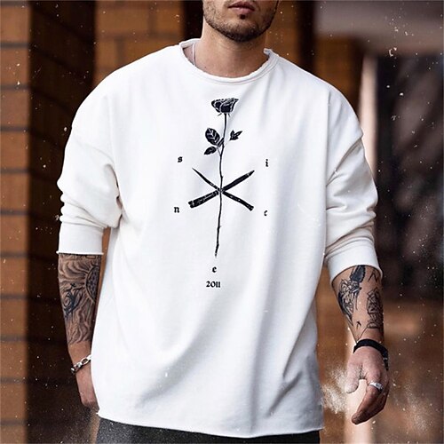 

Men's T shirt Tee Floral Graphic Patterned Crew Neck Street Casual Print Long Sleeve Tops Fashion Breathable Comfortable Big and Tall Green White Black / Summer