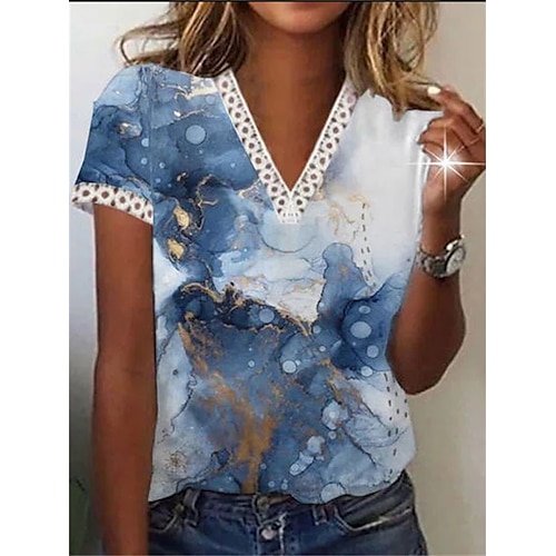 

Women's T shirt Tee Graphic Patterned Casual Daily Holiday T shirt Tee Short Sleeve Patchwork Lace Trims Print V Neck Basic Essential Blue S / 3D Print