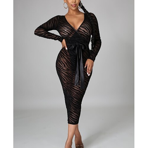 

Women's Bodycon Midi Dress Black Long Sleeve Striped Split Mesh Summer V Neck Party Hot Mesh S M L XL XXL