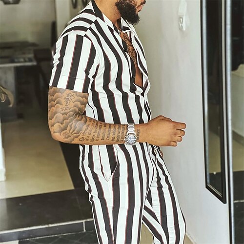 

Men's Shirt Set Striped Turndown Black / White Street Daily Long Sleeve Button-Down Print Clothing Apparel 2pcs Fashion Casual Comfortable