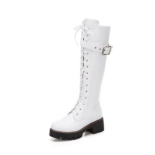 

Women's Boots Daily Riding Boots Lace Up Boots Knee High Boots Winter Lace-up Chunky Heel Round Toe Minimalism PU Leather Lace-up Solid Colored Dark Brown Black White