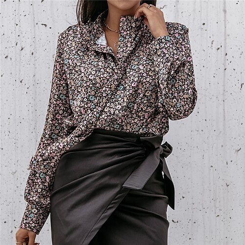 

Women's Blouse Floral Casual Daily Work Blouse Long Sleeve Print Standing Collar Elegant Black Khaki S