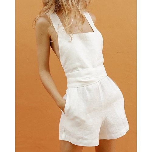

Women's Romper Solid Color Square Neck Casual Daily Beach Regular Fit Sleeveless White Black S M L Spring