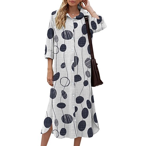 

Women's Shift Dress Midi Dress White 3/4 Length Sleeve Polka Dot Button Print Fall Spring Shirt Collar Casual Fashion 2022 S M L XL XXL 3XL