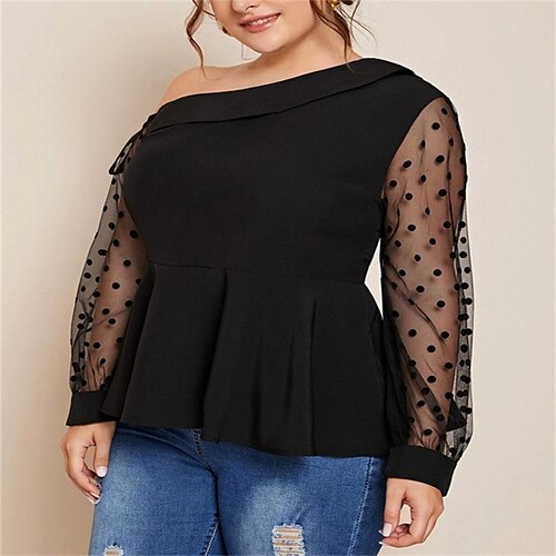 

Women's Plus Size Tops Blouse Shirt Plain Ruched Mesh Long Sleeve One Shoulder Streetwear Daily Vacation Polyester Fall Winter Black