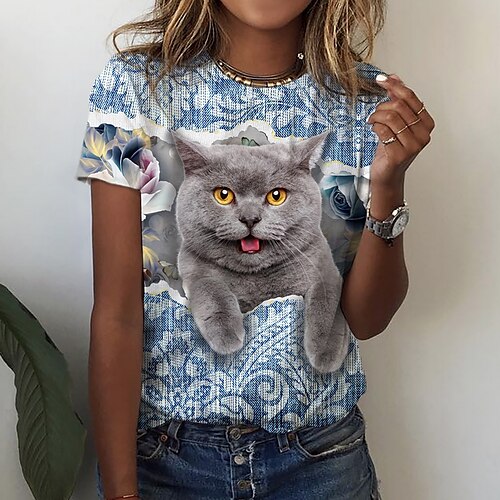 

Women's T shirt Tee Cat 3D Casual Weekend 3D Cat Painting T shirt Tee Short Sleeve Print Round Neck Basic Essential Green Blue Purple S / 3D Print