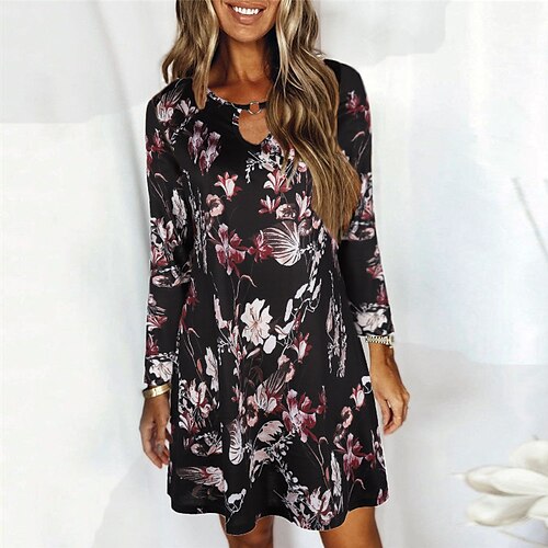 

Women's Shift Dress Short Mini Dress Black Pink Red Long Sleeve Floral Geometric Print Fall Spring Round Neck Casual 2022 S M L XL XXL