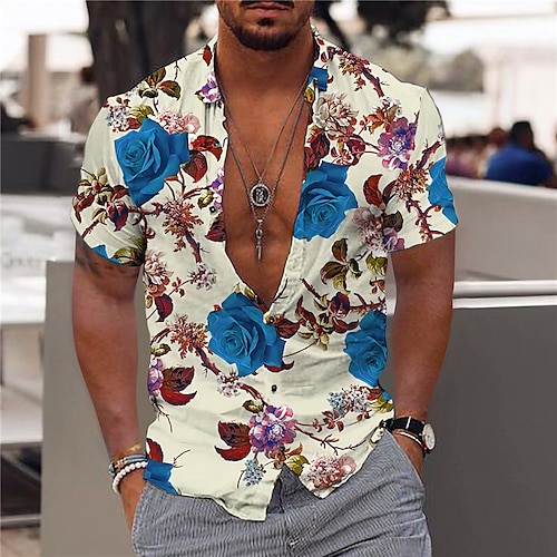 

Men's Shirt 3D Print Rose Turndown Street Casual Button-Down Print Short Sleeves Tops Designer Casual Fashion Breathable Green Blue Gray / Summer / Spring / Summer