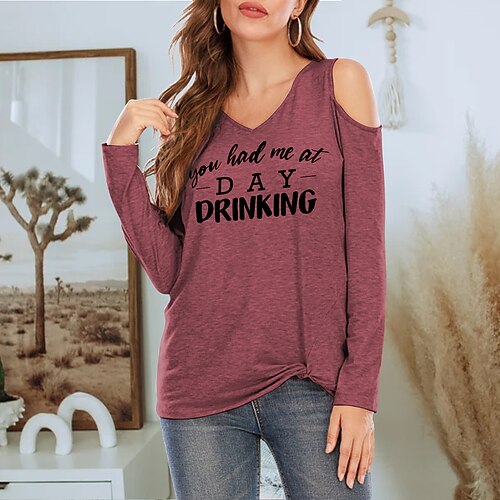 

Women's T shirt Tee Text Casual Weekend Painting T shirt Tee Long Sleeve Cut Out Print V Neck Basic Essential Blue Gray Pink S
