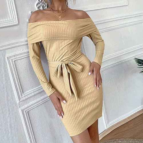 

Women's Bodycon Short Mini Dress Khaki Long Sleeve Pure Color Backless Lace up Cold Shoulder Spring Summer Off Shoulder Mature 2022 XS S M L