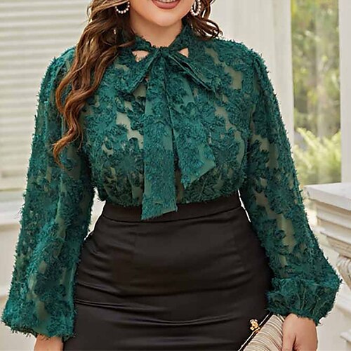 

Women's Plus Size Tops Blouse Shirt Plain Lace Long Sleeve High Neck Streetwear Daily Going out Polyester Spring Fall Green Black