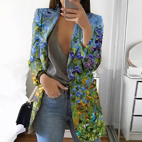 

Women's Blazer Office Street Work Spring Fall Regular Coat Regular Fit Breathable Stylish Formal Style Modern Style Jacket Long Sleeve Floral with Pockets Print Green Blue Fuchsia