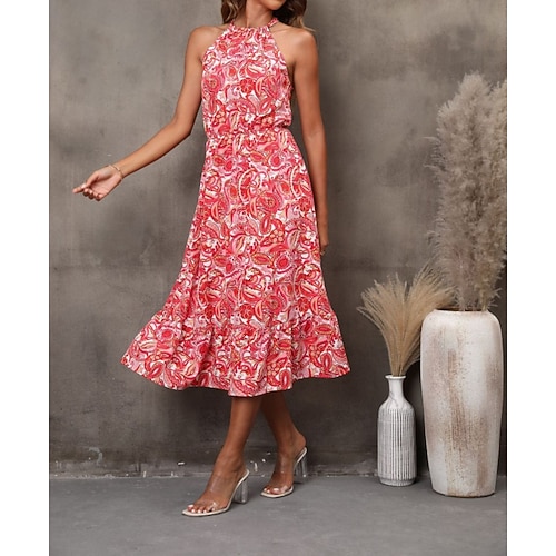 

Women's A Line Dress Midi Dress Red Sleeveless Floral Patchwork Cold Shoulder Summer Halter Neck Casual Fashion 2022 S M L XL