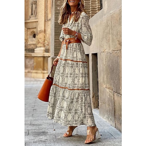

Women's Bohemia Floral V Neck Casual Dress Holiday Dress Swing Dress Long Dress Maxi Dress Khaki Half Sleeve Abstract Ruched Sunmmer Fall Spring Classic Daily Weekend 2023 S M L XL XXL 3XL
