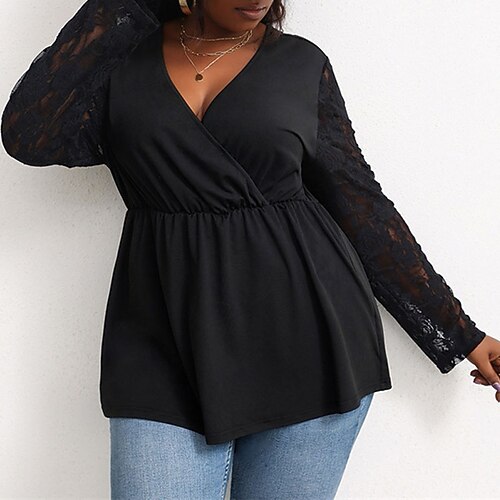 

Women's Plus Size Tops Blouse Shirt Plain Lace Long Sleeve V Neck Streetwear Daily Going out Polyester Spring Summer Black