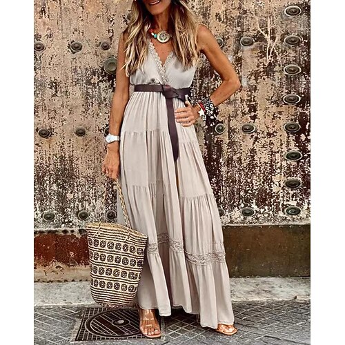 

Women's Long Dress Maxi Dress Khaki Sleeveless Pure Color Ruched Spring Summer V Neck Modern 2022 S M L XL 2XL 3XL