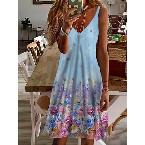 

Women's Shift Dress Short Mini Dress Blue Sleeveless Floral Print Spring Summer Spaghetti Strap Casual Vacation 2022 S M L XL XXL 3XL