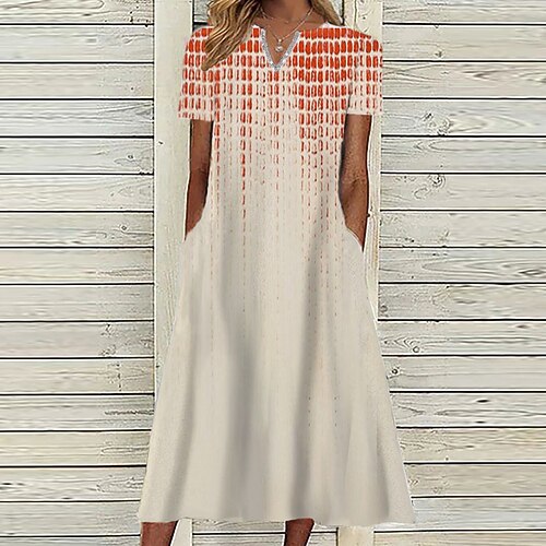 

Women's A Line Dress Midi Dress Blue Gray Purple Orange Short Sleeve Color Gradient Plaid Pocket Print Spring Summer V Neck Casual Vacation 2022 S M L XL XXL 3XL