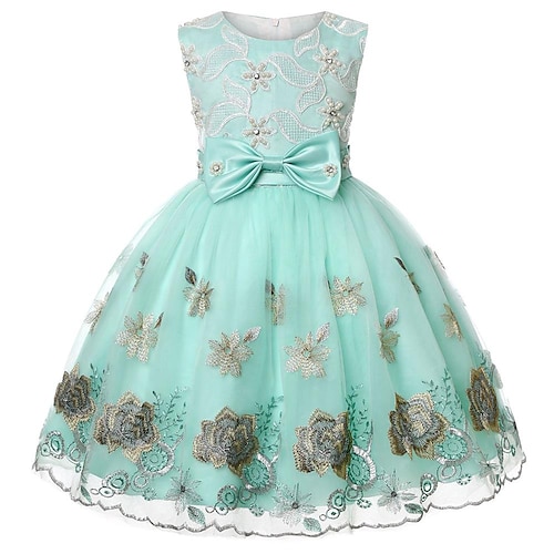 

Kids Little Girls' Dress Solid Colored Flower A Line Dress Party Special Occasion Beaded Embroidered Bow Light Green Knee-length Sleeveless Princess Cute Dresses Spring Summer Slim 3-10 Years