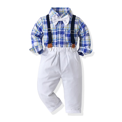 

2 Pieces Kids Boys Shirt & Pants Clothing Set Outfit Floral Plaid Long Sleeve Cotton Set School Daily Casual Spring Summer 2-6 Years Green Light Blue